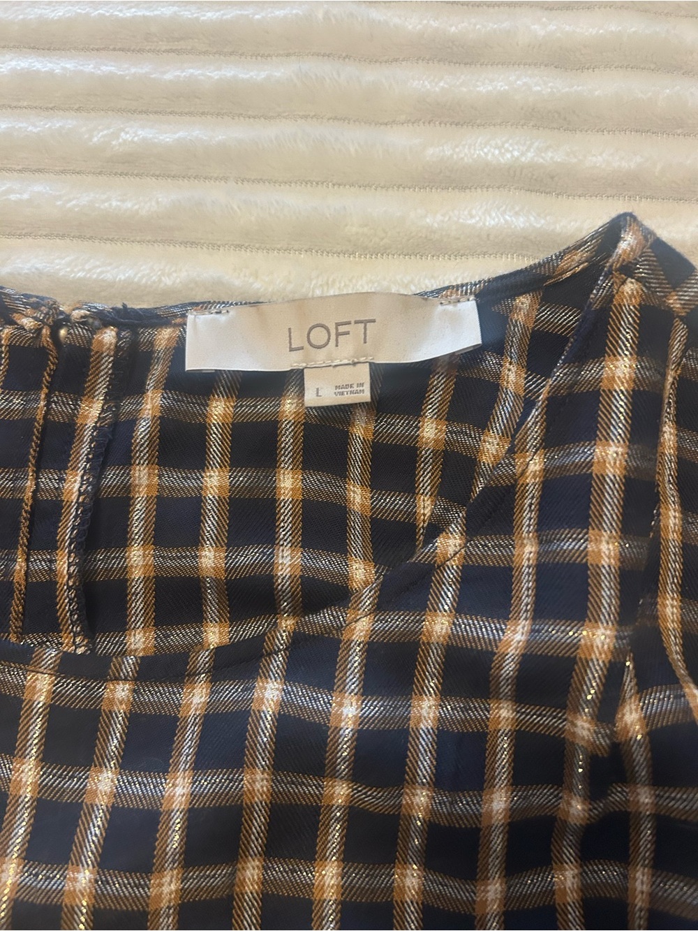 LOFT Navy Plaid Top with Gold Accent